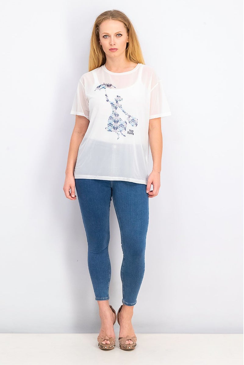 DIFUZED Women Mesh Short Sleeve Mary Poppins Top, Off White - Image 3