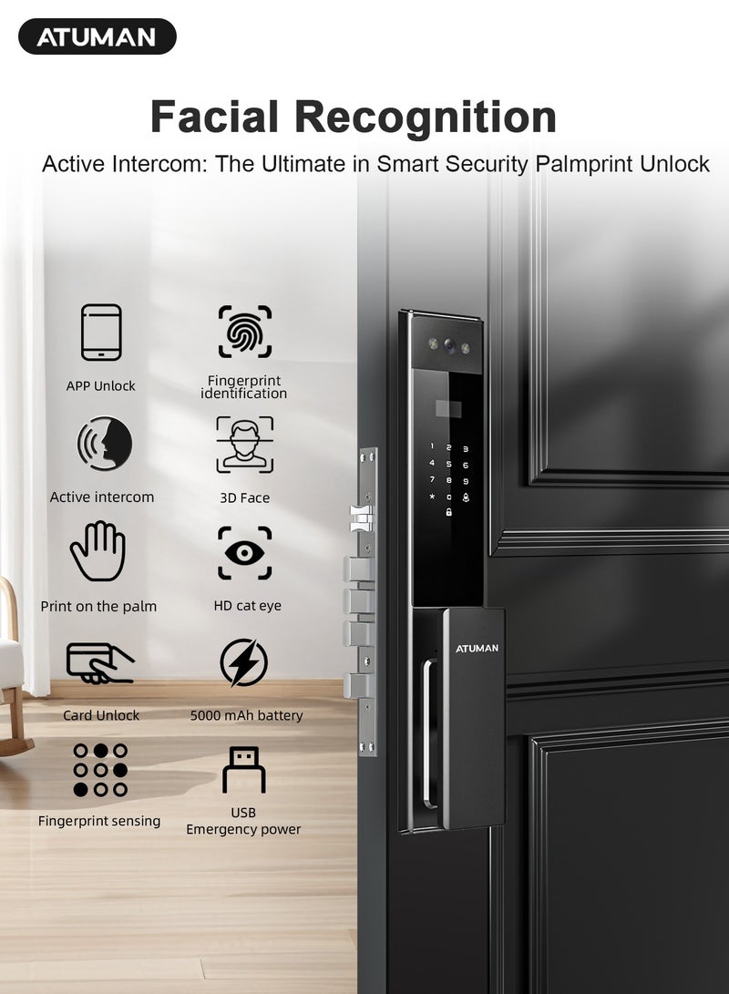 ATuMan Smart Door with Camera,Smart Door Lock,Palm Vein unlock 3D Facial Recognition,Real-Time Monitor,Two-Way Intercom,Dual Cameras, CNC Material,Tuya WiFi APP Control,Emergency USB Power - Image 2