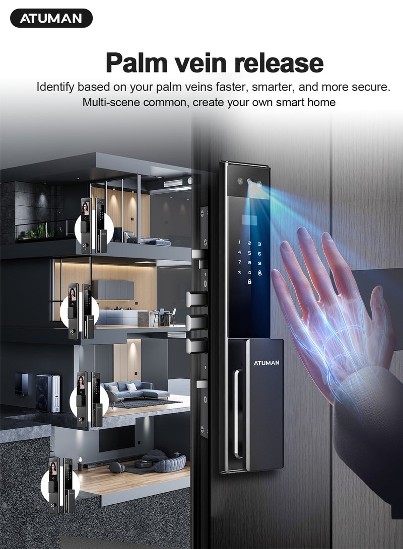 ATuMan Smart Door with Camera,Smart Door Lock,Palm Vein unlock 3D Facial Recognition,Real-Time Monitor,Two-Way Intercom,Dual Cameras, CNC Material,Tuya WiFi APP Control,Emergency USB Power - Image 3