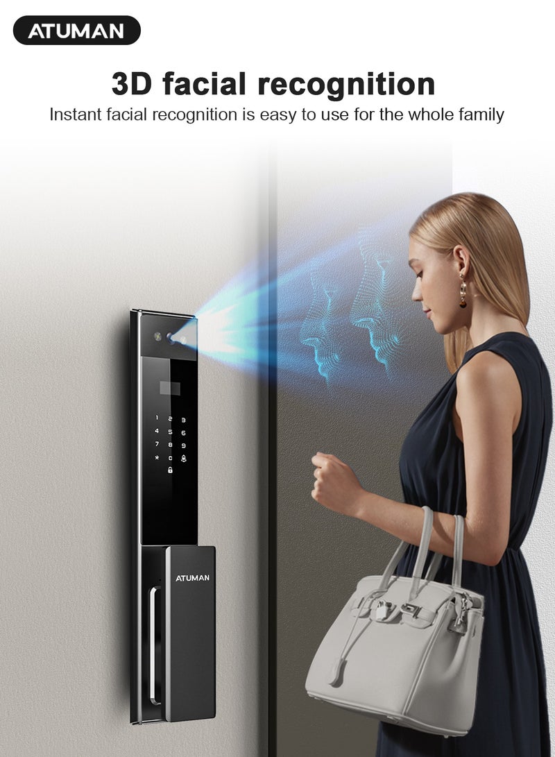 ATuMan Smart Door with Camera,Smart Door Lock,Palm Vein unlock 3D Facial Recognition,Real-Time Monitor,Two-Way Intercom,Dual Cameras, CNC Material,Tuya WiFi APP Control,Emergency USB Power - Image 4