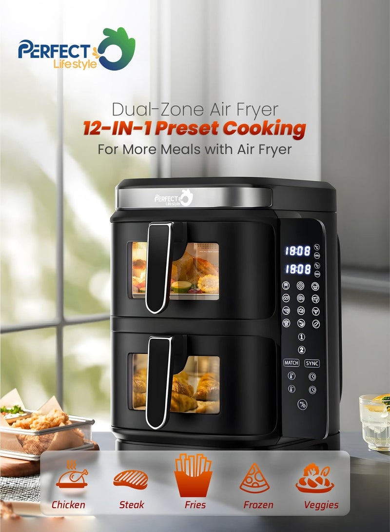 برفكت مقلاة هوائية مثالية مزدوجة المكدس 5.5 لتر + 5.5 لتر، طهي ثنائي المنطقة مع 12 إعدادًا مسبقًا، نافذة شفافة، لوحة لمس LED، تصميم موفر للمساحة، 1400 وات + 1400 وات Daf-8001، ضمان لمدة عامين، أسود - Image 3