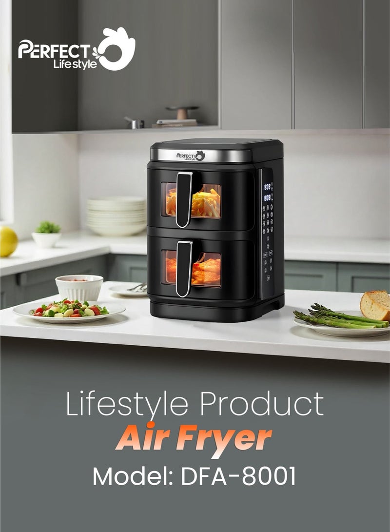 برفكت مقلاة هوائية مثالية مزدوجة المكدس 5.5 لتر + 5.5 لتر، طهي ثنائي المنطقة مع 12 إعدادًا مسبقًا، نافذة شفافة، لوحة لمس LED، تصميم موفر للمساحة، 1400 وات + 1400 وات Daf-8001، ضمان لمدة عامين، أسود - Image 2