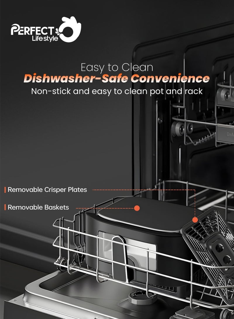 برفكت مقلاة هوائية مثالية مزدوجة المكدس 5.5 لتر + 5.5 لتر، طهي ثنائي المنطقة مع 12 إعدادًا مسبقًا، نافذة شفافة، لوحة لمس LED، تصميم موفر للمساحة، 1400 وات + 1400 وات Daf-8001، ضمان لمدة عامين، أسود - Image 5