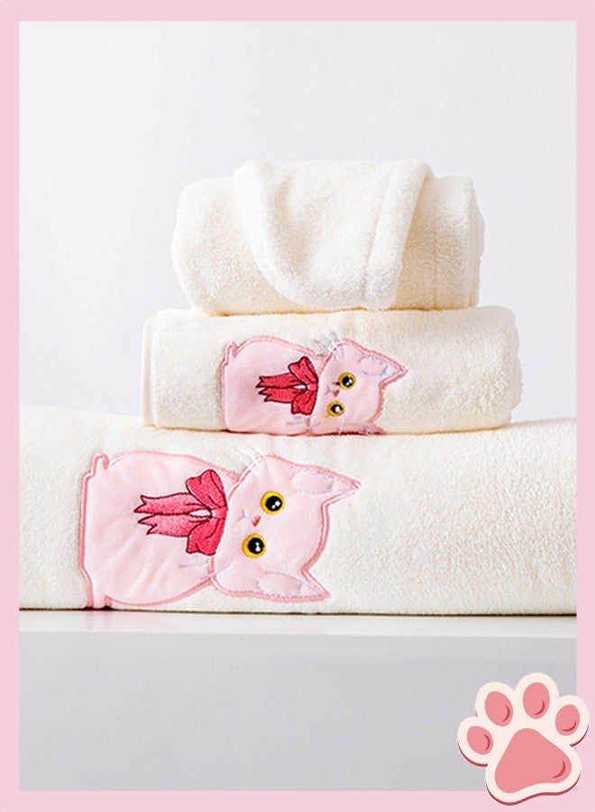 Bukela 4 Pcs Pink Cat Cute Bath Towel Set, Coral Fleece Bath Towel, includes a Bath Towel, a Hair Towel, a bath skirt and a Towel, White - Image 2