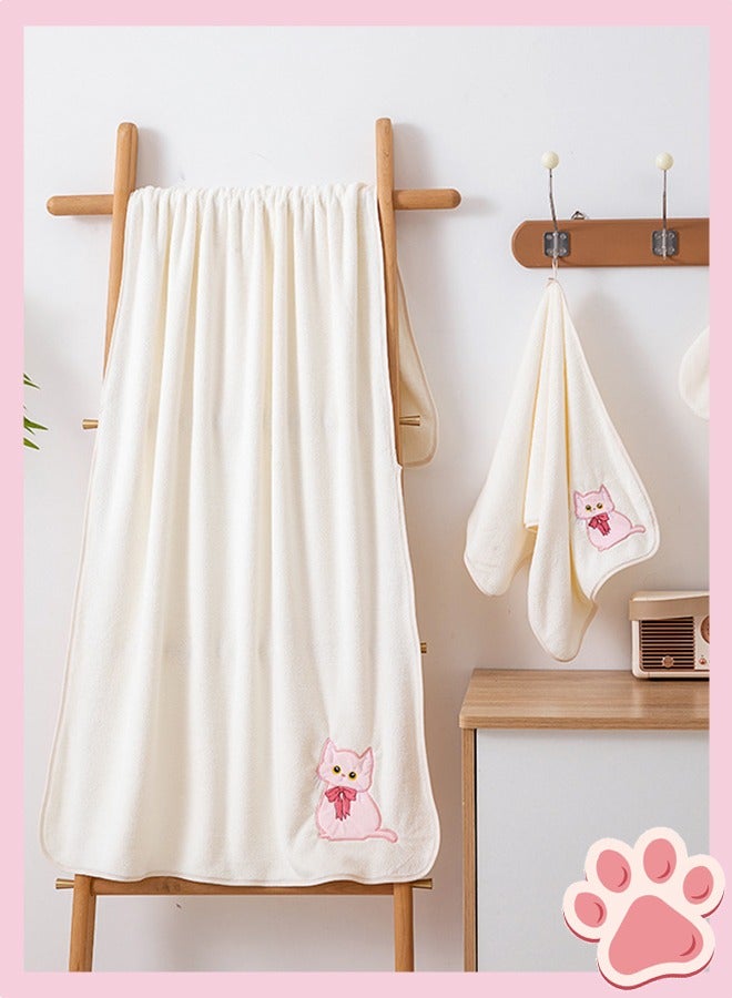 Bukela 4 Pcs Pink Cat Cute Bath Towel Set, Coral Fleece Bath Towel, includes a Bath Towel, a Hair Towel, a bath skirt and a Towel, White - Image 3