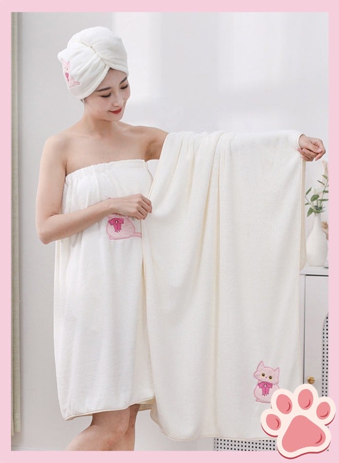 Bukela 4 Pcs Pink Cat Cute Bath Towel Set, Coral Fleece Bath Towel, includes a Bath Towel, a Hair Towel, a bath skirt and a Towel, White - Image 5