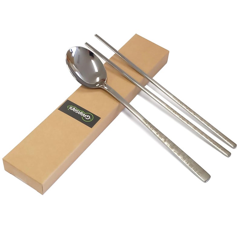GARASANI Korean Traditional Cutlery Stainless Steel Spoons and Chopsticks Set Silver Hunminjeongeum