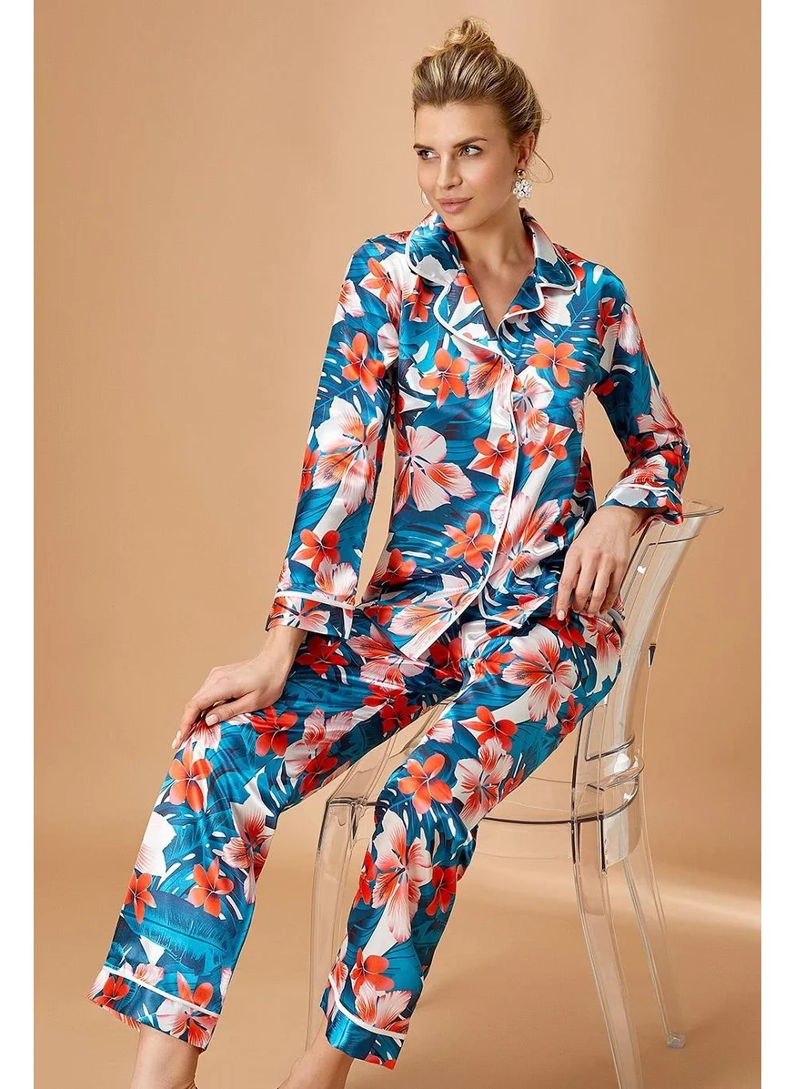 Nurteks 5654 Women's Satin Front Buttoned Long Sleeve Pajama Set - Green