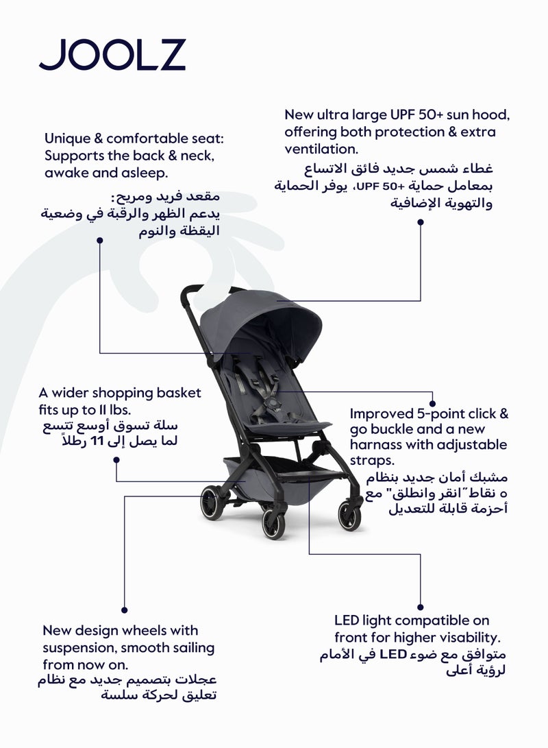 JOOLZ AER+ Lightweight Compact Travel Stroller – One-Hand Quick Fold, XXL Sun Hood, Adjustable Recline, Ultra Durable, Comfortable & Travel-Friendly – Supports Up to 50 lbs – Stone Grey - Image 2