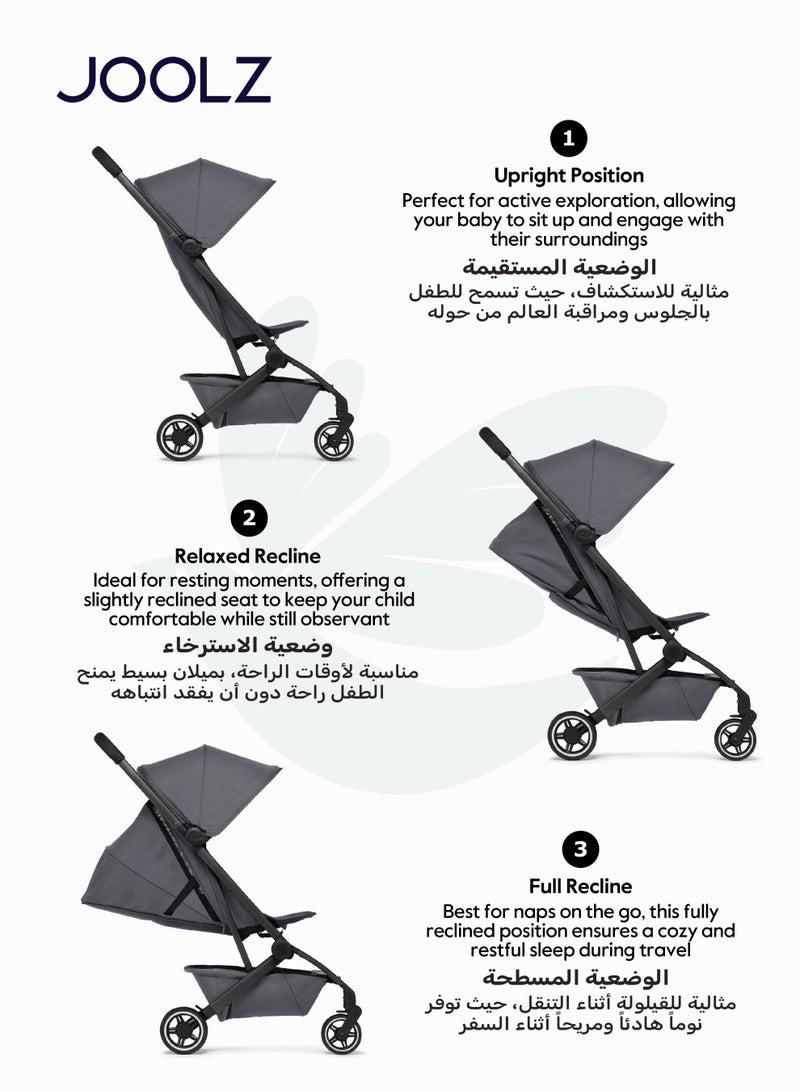 JOOLZ AER+ Lightweight Compact Travel Stroller – One-Hand Quick Fold, XXL Sun Hood, Adjustable Recline, Ultra Durable, Comfortable & Travel-Friendly – Supports Up to 50 lbs – Stone Grey - Image 4