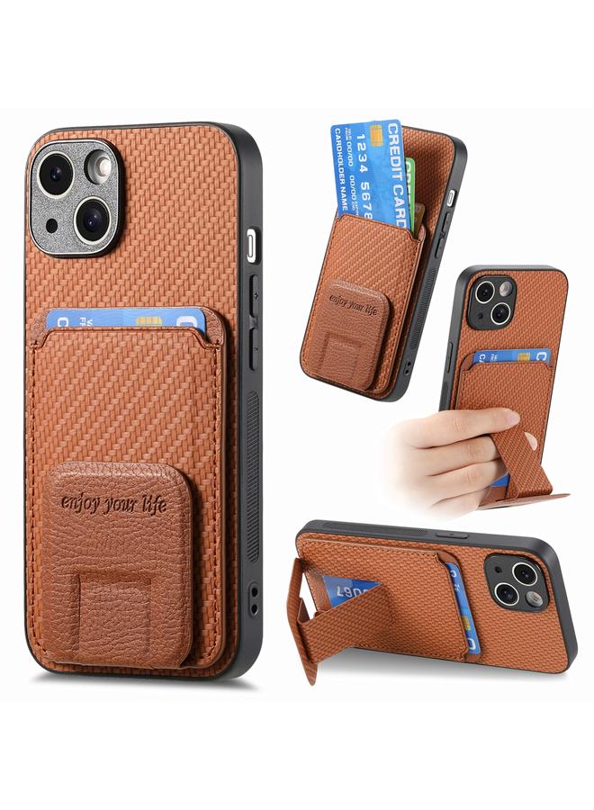 S-TOP Case For iPhone 14 Plus Carbon Fiber Card Bag Fold Stand Phone Case - Image 1