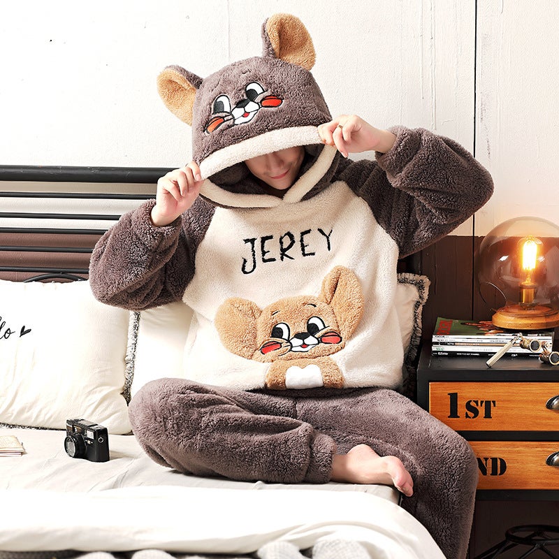 Winter Coral Fleece Pajamas Men'S Fleece-Lined Thickened Warm Cartoon Hooded Flannel Teenager Home Clothes Suit - Image 1