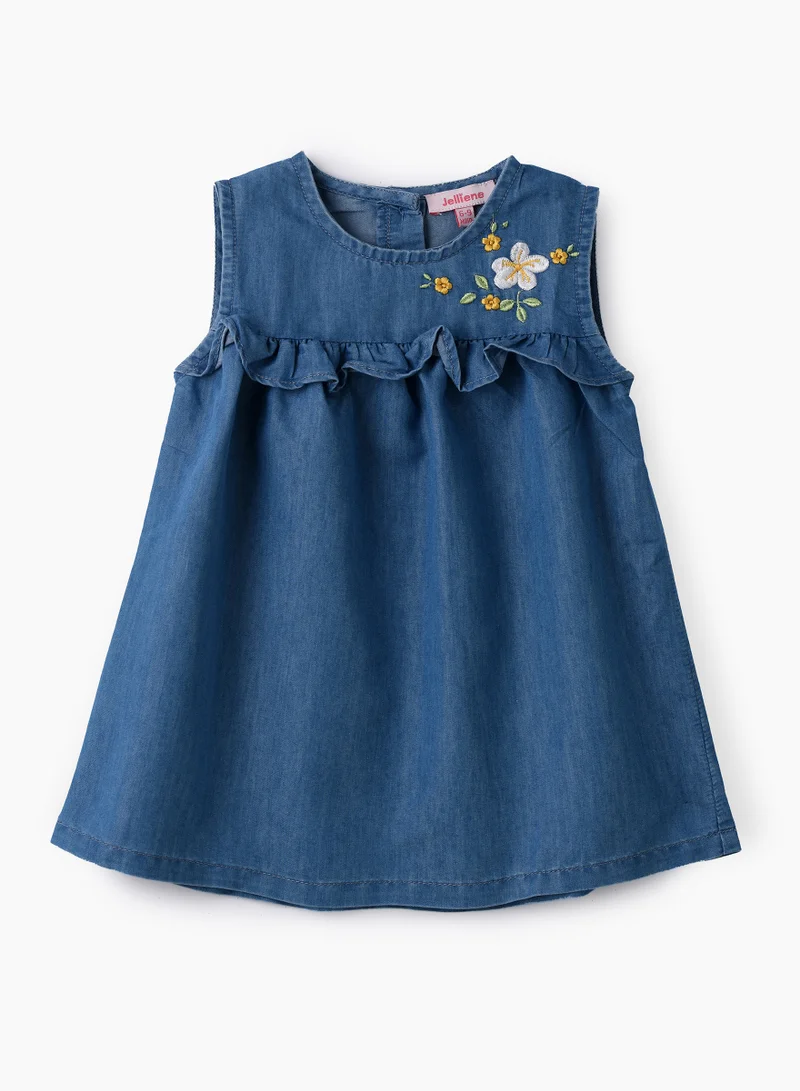 جيلين Girls Blue Embroidered Sleeveless Denim Dress