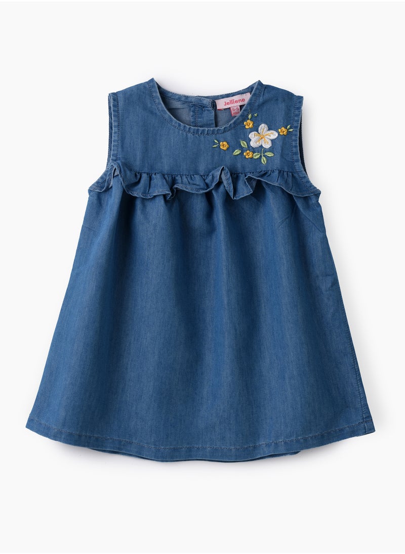 Jelliene Girls Blue Embroidered Sleeveless Denim Dress  - Image 1
