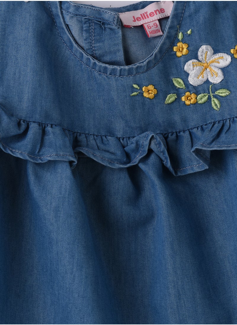 Jelliene Girls Blue Embroidered Sleeveless Denim Dress  - Image 3