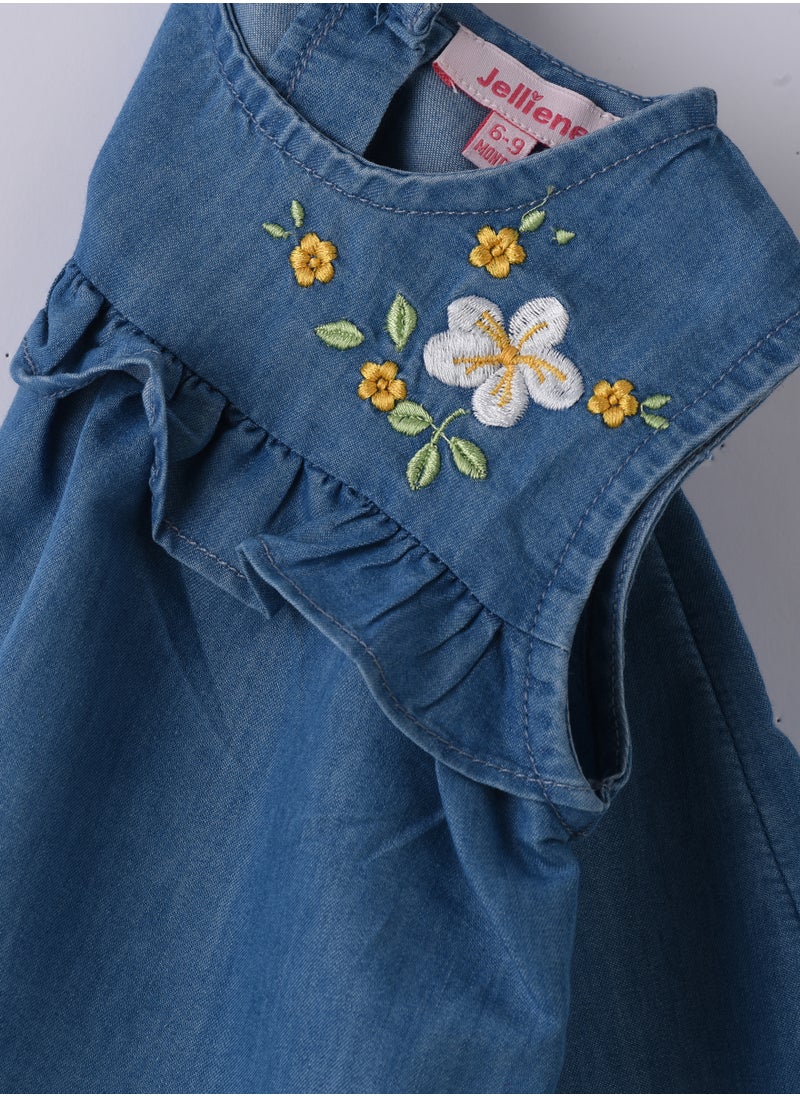 Jelliene Girls Blue Embroidered Sleeveless Denim Dress  - Image 4
