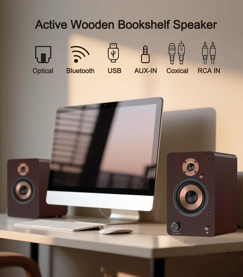 LONPOO 100W HiFi Active Bookshelf Speakers with Bluetooth, 4'' Aluminum Woofer, 12MM Wooden Cabinet, DSP-Tech, Optical/RCA/USB/AUX for TV PC Turntable (LP-42M) - Image 3
