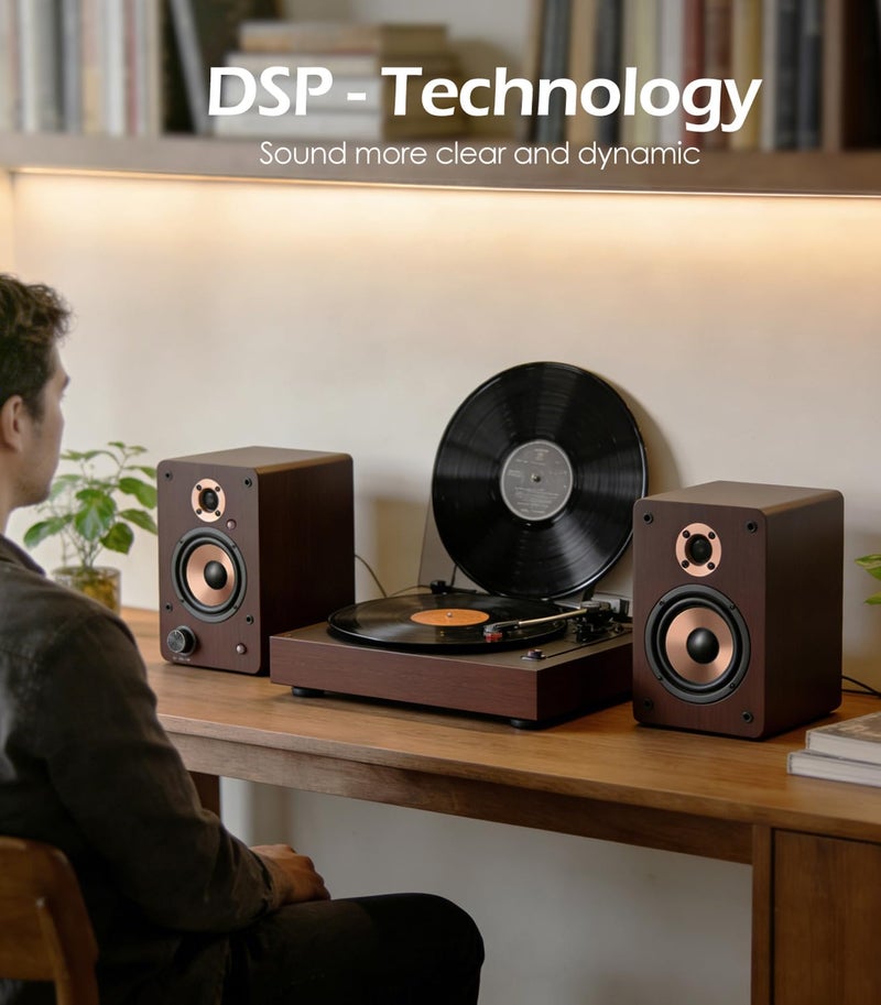 LONPOO 100W HiFi Active Bookshelf Speakers with Bluetooth, 4'' Aluminum Woofer, 12MM Wooden Cabinet, DSP-Tech, Optical/RCA/USB/AUX for TV PC Turntable (LP-42M) - Image 2