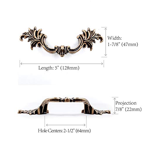 Jetland French Provincial Drawer Pulls - 6-Pack, Antique Brass, 2-1/2" Hole Centers, Vintage Shabby Chic Pulls for Dresser Nightstand Cabinet, PW1618ABR64 - Image 2