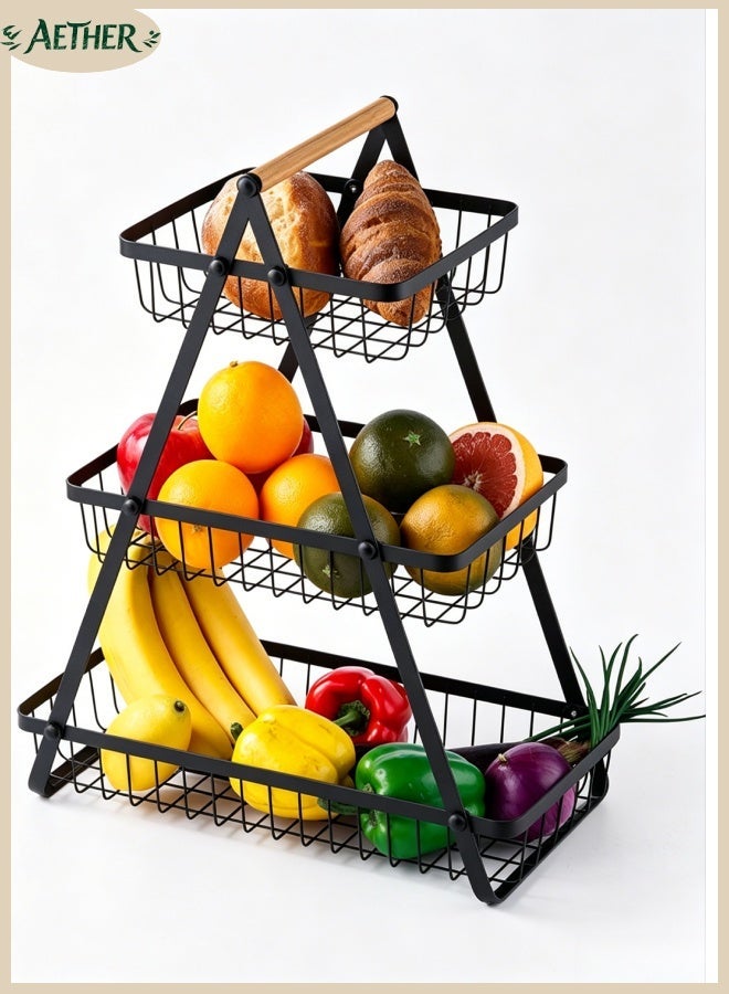 AETHER 3 Tier Countertop Fruit Basket, Portable Fruit Basker for Kitchen Organizer Storage, Dining Room Fruits Vegetable Bread Snacks Storage, Detachable Metal Rectangle Basket Black - Image 1