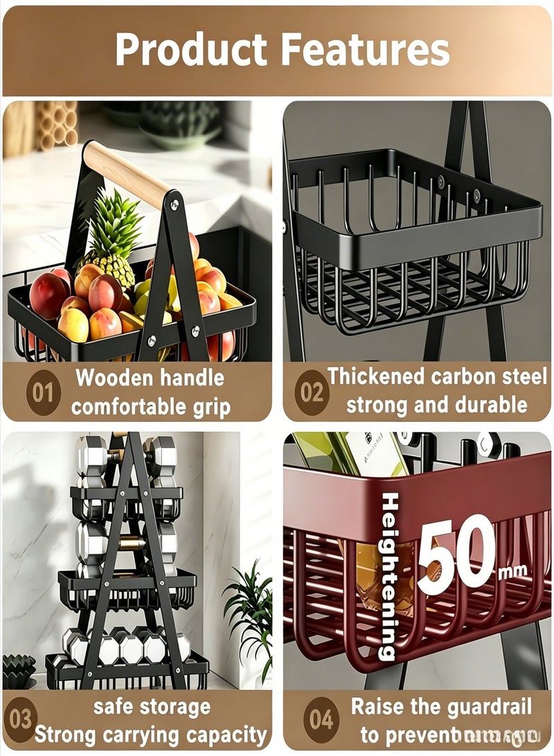 AETHER 3 Tier Countertop Fruit Basket, Portable Fruit Basker for Kitchen Organizer Storage, Dining Room Fruits Vegetable Bread Snacks Storage, Detachable Metal Rectangle Basket Black - Image 3
