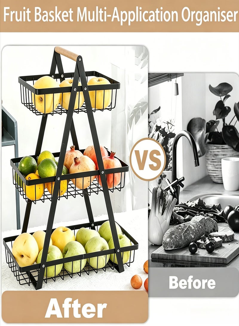 AETHER 3 Tier Countertop Fruit Basket, Portable Fruit Basker for Kitchen Organizer Storage, Dining Room Fruits Vegetable Bread Snacks Storage, Detachable Metal Rectangle Basket Black - Image 4