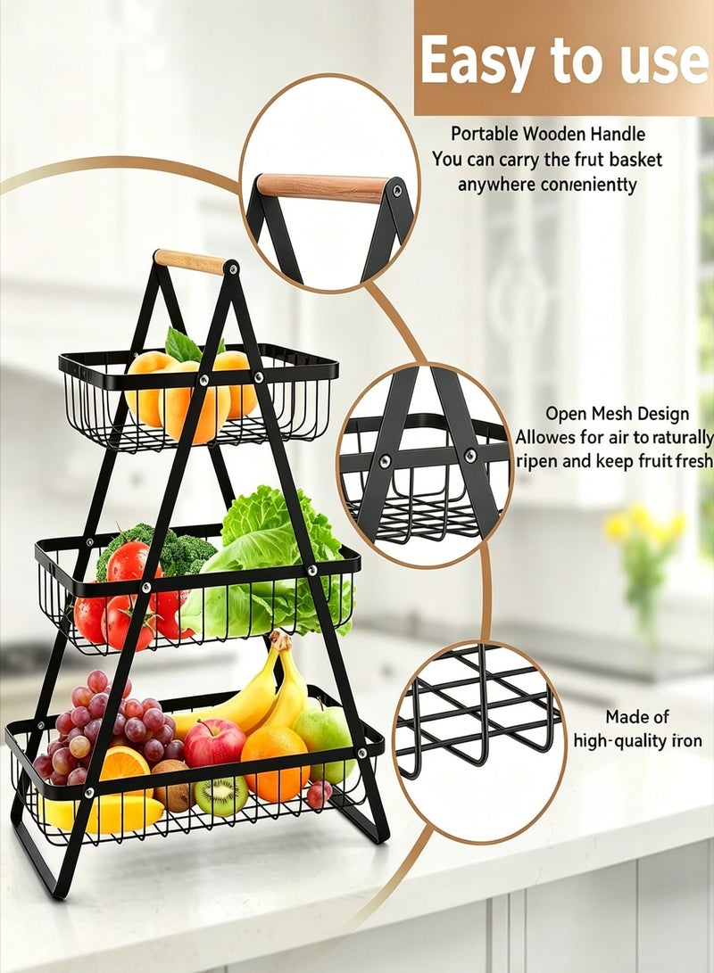 AETHER 3 Tier Countertop Fruit Basket, Portable Fruit Basker for Kitchen Organizer Storage, Dining Room Fruits Vegetable Bread Snacks Storage, Detachable Metal Rectangle Basket Black - Image 2