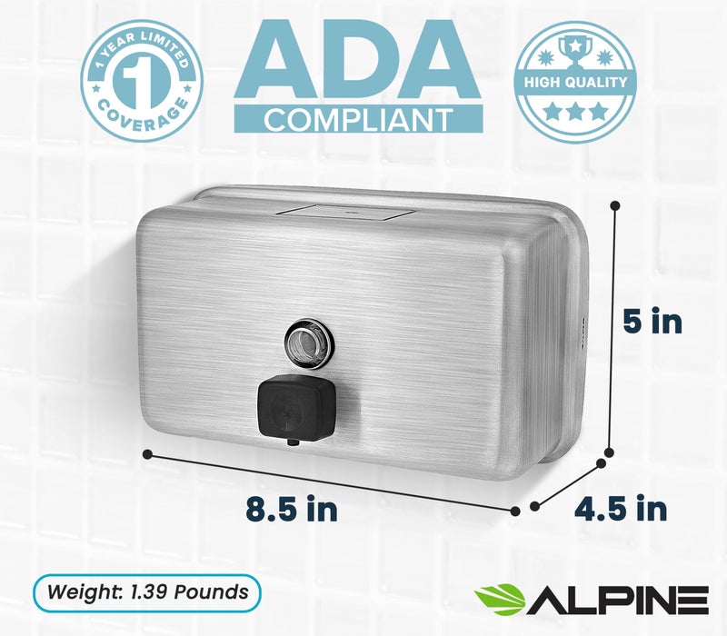 Alpine Commercial Wall-Mounted Soap Dispenser â€“ Stainless Steel, Liquid, Manual Pump, ADA Compliant, 1200ml for High-Traffic Bathrooms (Horizontal) - Image 2