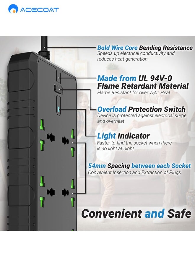 ACECOAT - Universal Extension Lead with USB C Ports | Power Strip with Switch, 6 Way Outlets, 6 USB(3.1A, 2 Type C and 4 USB-A Port) | Surge Protection, 2 Meter Long Cord, Overload Switch, Protected Indicator Light, Multiple Protections for Home Office, Black - Image 1