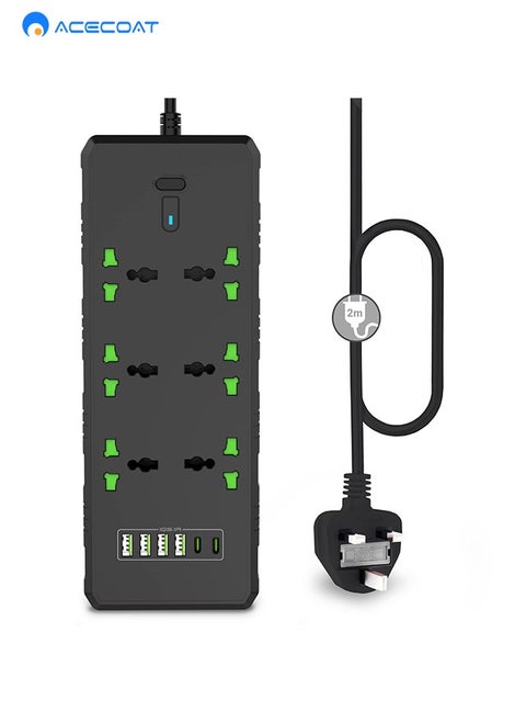 Universal Extension Lead with USB C Ports | Power Strip with Switch, 6 Way Outlets, 6 USB(3.1A, 2 Type C and 4 USB-A Port) | Surge Protection, 2 Meter Long Cord, Overload Switch, Protected Indicator Light, Multiple Protections for Home Office, Black