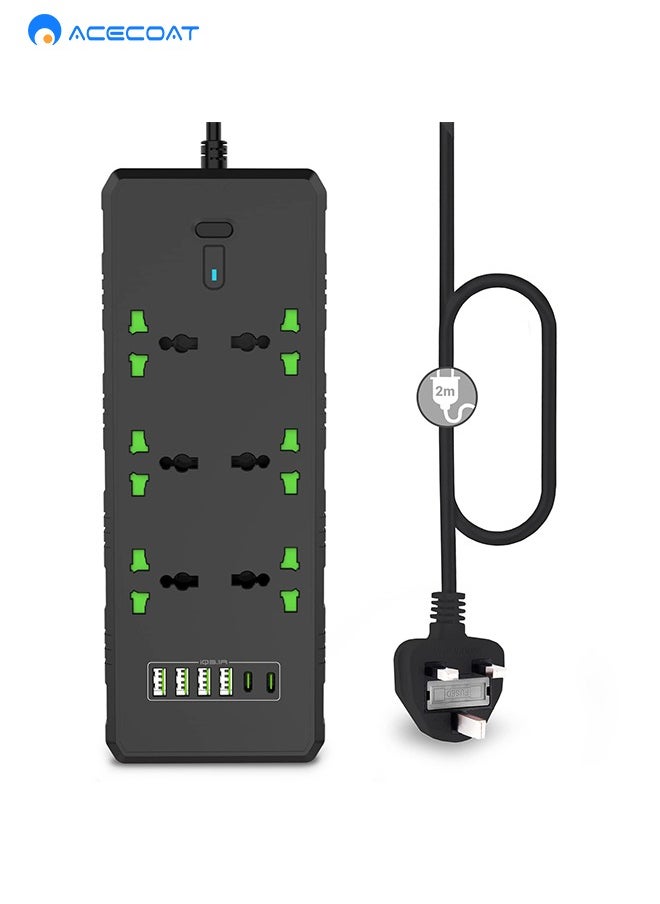 ACECOAT Universal Extension Lead with USB C Ports | Power Strip with Switch, 6 Way Outlets, 6 USB(3.1A, 2 Type C and 4 USB-A Port) | Surge Protection, 2 Meter Long Cord, Overload Switch, Protected Indicator Light, Multiple Protections for Home Office, Black  - Image 1