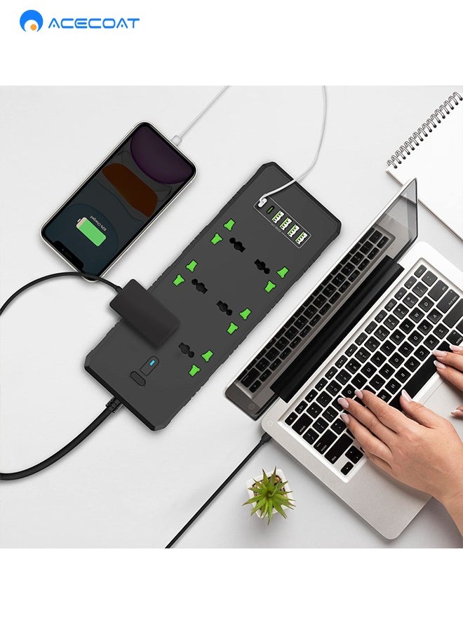 ACECOAT - Universal Extension Lead with USB C Ports | Power Strip with Switch, 6 Way Outlets, 6 USB(3.1A, 2 Type C and 4 USB-A Port) | Surge Protection, 2 Meter Long Cord, Overload Switch, Protected Indicator Light, Multiple Protections for Home Office, Black - Image 1