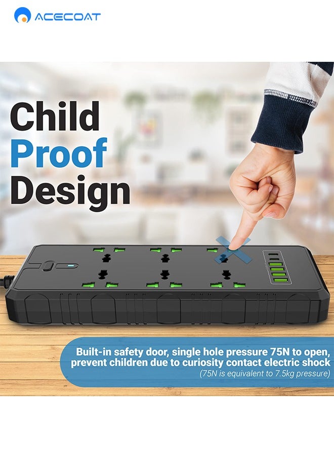 ACECOAT - Universal Extension Lead with USB C Ports | Power Strip with Switch, 6 Way Outlets, 6 USB(3.1A, 2 Type C and 4 USB-A Port) | Surge Protection, 2 Meter Long Cord, Overload Switch, Protected Indicator Light, Multiple Protections for Home Office, Black - Image 1
