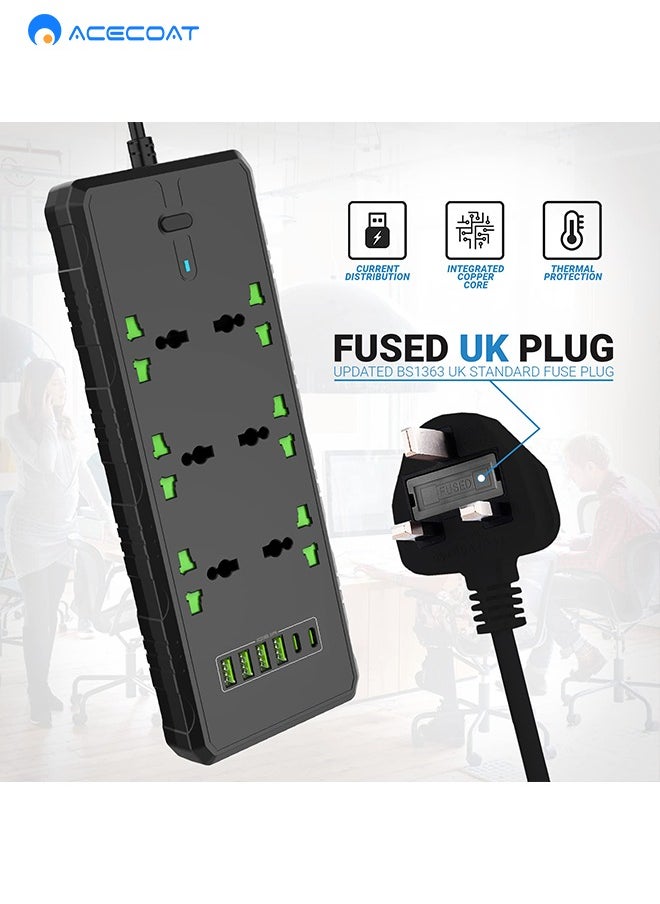 ACECOAT Universal Extension Lead with USB C Ports | Power Strip with Switch, 6 Way Outlets, 6 USB(3.1A, 2 Type C and 4 USB-A Port) | Surge Protection, 2 Meter Long Cord, Overload Switch, Protected Indicator Light, Multiple Protections for Home Office, Black  - Image 3