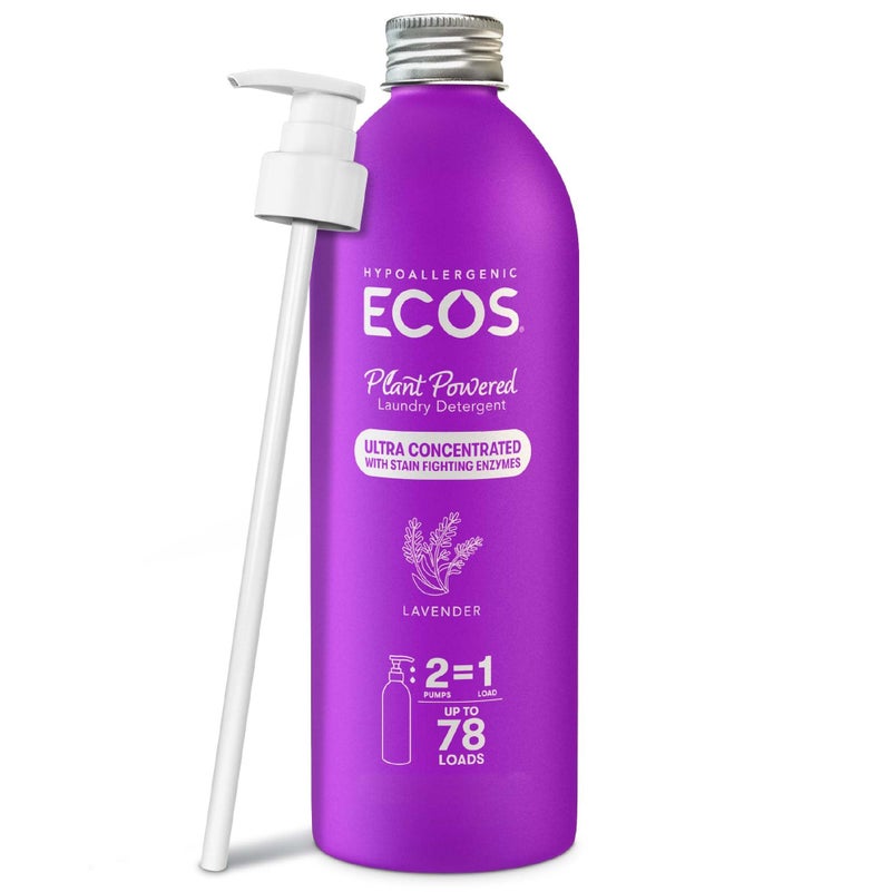 ECOS Ultra Concentrated Liquid Laundry Detergent, Sustainable Aluminum Bottle, Up to 78 Washer Loads - Hypoallergenic Laundry Soap - High Efficiency & Standard Machine Washing - Lavender, 16 Fl Oz - Image 1