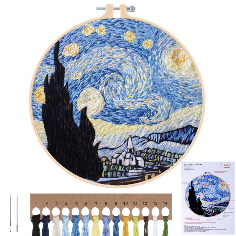 MWOOT Embroidery Cross Stitch Stamped Kit DIY Embroidery Starter Kit Handmade Sewing Craft for Adults Beginner Stitch Starter Starry Sky
