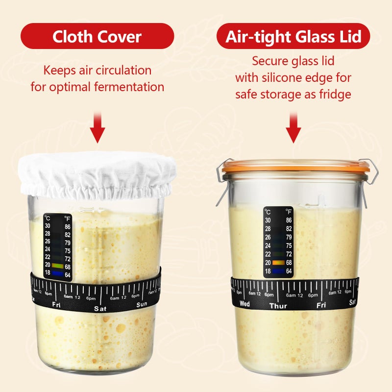 TKVAZK Sourdough Starter Kit, Sourdough Starter Jar Glass Wide Mouth, Sourdough Kit with Thicken Sourdough Glass Jar 27oz, Spatula, Thermometer, Cloth Cover, Feeding band, Sourdough Bread Baking Supplies - Image 3