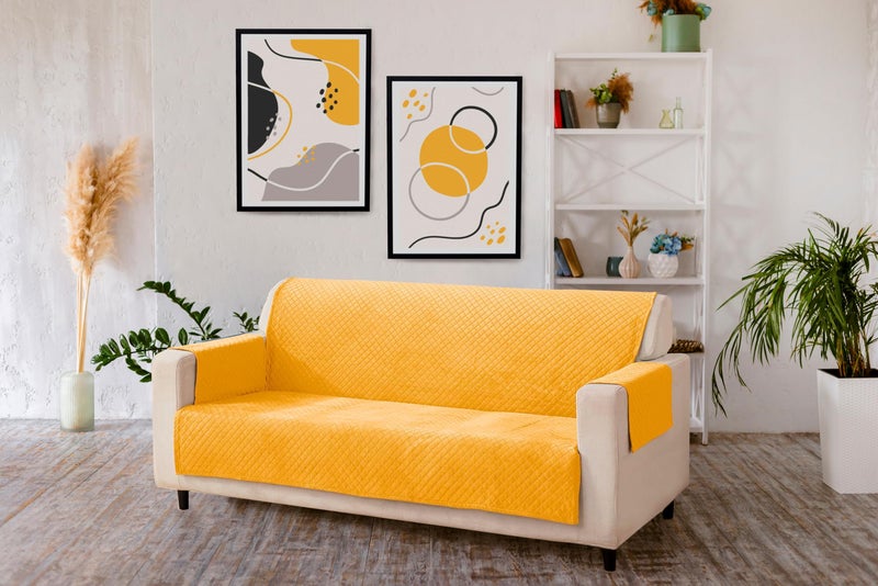 KINGLY Velvet Quilted Universal Elastic Sofa Cover Non-Slip Sofa Protector 3 Seater Armchair Cover with Machine Washable Adjustable Elastic Straps (3 Seater) (Yellow) - Image 1