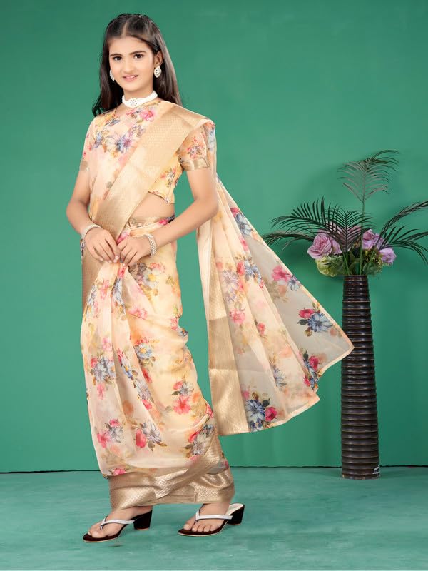 Xavima Kids Floral Print Saree for Girls with Unstitched Blouse | Ready to Wear Ethnic Dress | Lightweight Traditional Saree for Festive, Wedding & Cultural Occasions (Yellow) - Image 3