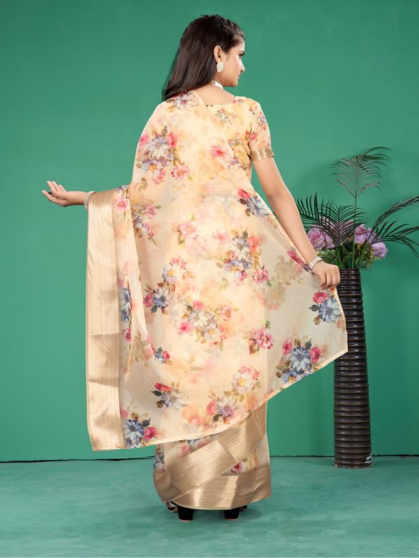 Xavima Kids Floral Print Saree for Girls with Unstitched Blouse | Ready to Wear Ethnic Dress | Lightweight Traditional Saree for Festive, Wedding & Cultural Occasions (Yellow) - Image 2