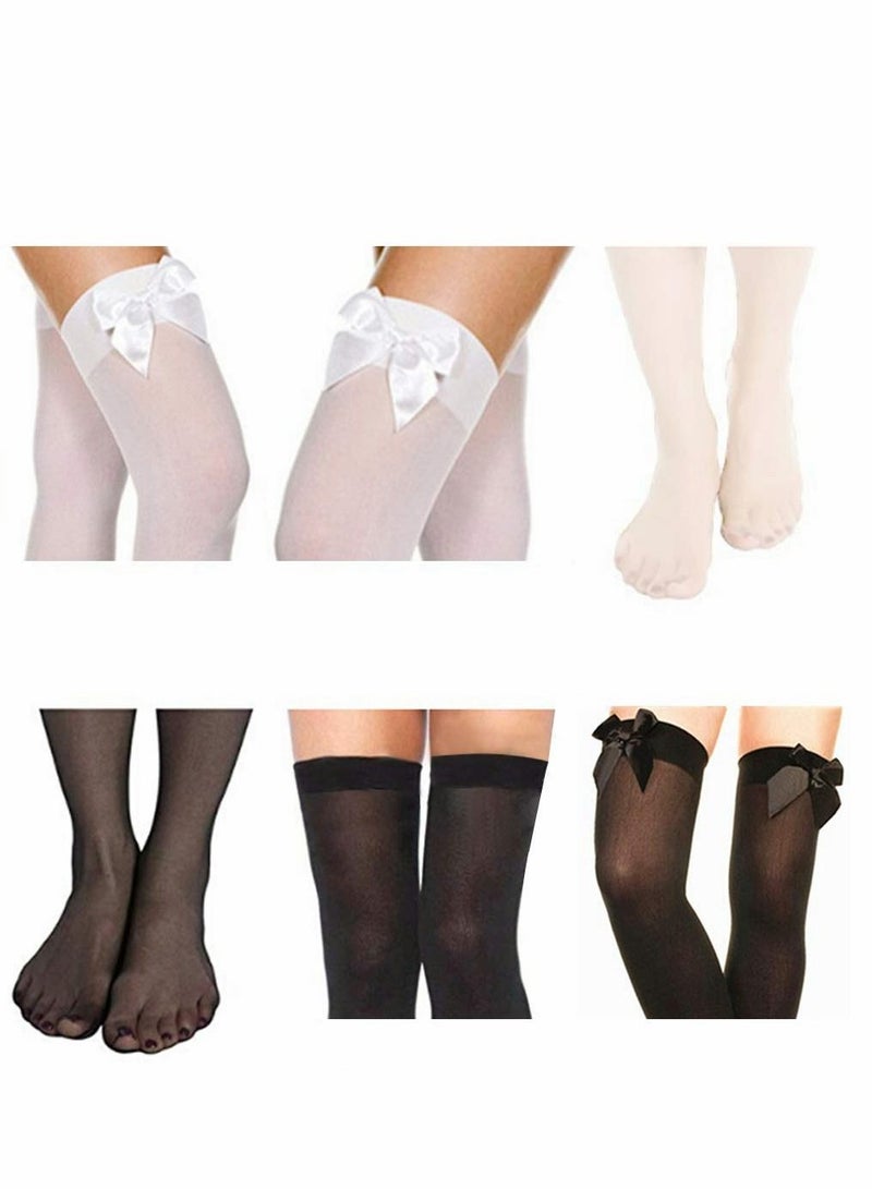 KASTWAVE Knee High Stockings with Bows - 2 Pairs Womens Opaque Hold ups Stocking Ladies Black and White Thigh High Long Over Knee Length Socks with Bow Top Stockings One Size  - Image 2