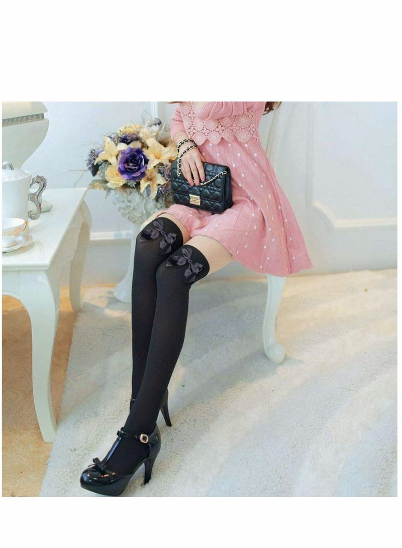KASTWAVE Knee High Stockings with Bows - 2 Pairs Womens Opaque Hold ups Stocking Ladies Black and White Thigh High Long Over Knee Length Socks with Bow Top Stockings One Size  - Image 5