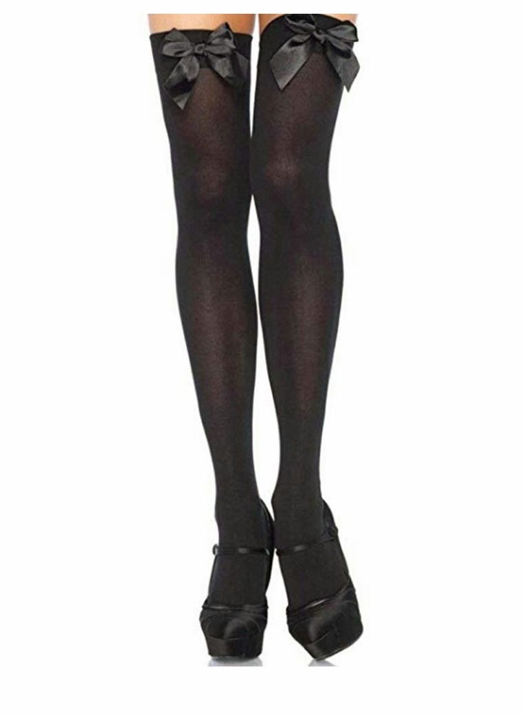 KASTWAVE Knee High Stockings with Bows - 2 Pairs Womens Opaque Hold ups Stocking Ladies Black and White Thigh High Long Over Knee Length Socks with Bow Top Stockings One Size  - Image 3