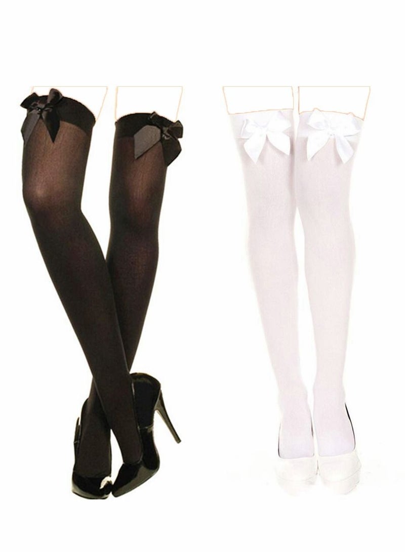KASTWAVE Knee High Stockings with Bows - 2 Pairs Womens Opaque Hold ups Stocking Ladies Black and White Thigh High Long Over Knee Length Socks with Bow Top Stockings One Size  - Image 1