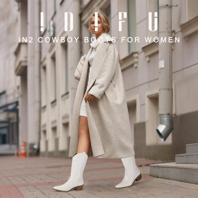IDIFU White Cowboy Boots for Women Cowgirl Western Mid Calf Embroidered Chunky Low Heel Pointed Toe Country Dress Cute Fashion Comfortable Boots Booties(White Pu, 8.5) - Image 4