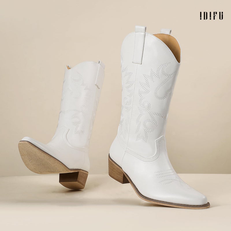 IDIFU White Cowboy Boots for Women Cowgirl Western Mid Calf Embroidered Chunky Low Heel Pointed Toe Country Dress Cute Fashion Comfortable Boots Booties(White Pu, 8.5) - Image 3