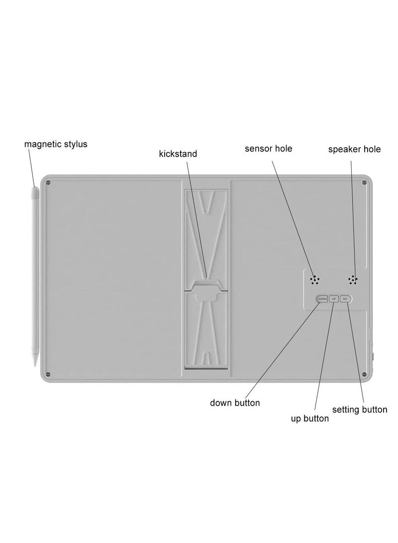 تقويم سطح المكتب الإلكتروني القابل لإعادة الشحن، لوحة ملاحظات للكتابة مع ساعة رقمية لعرض التاريخ والوقت والأسبوع ودرجة الحرارة الداخلية، لوحة رسم مقاس 9.5 بوصة للديكور المنزلي والعملي للمكتب، أبيض - Image 5