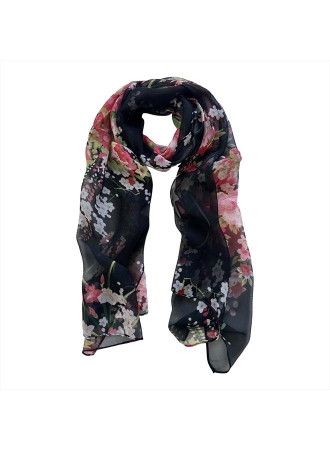 allydrew Wrapables Lightweight Sheer Silky Feeling Georgette Scarf, Bouquet on Black - Image 1