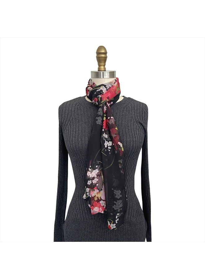 allydrew Wrapables Lightweight Sheer Silky Feeling Georgette Scarf, Bouquet on Black - Image 4