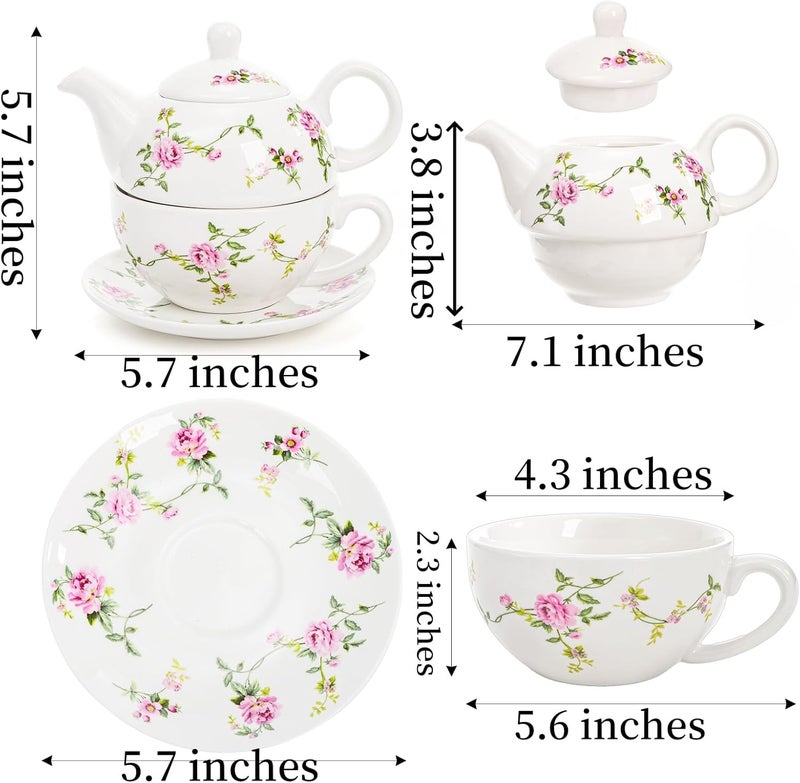 Coloch Tea for One Set, Porcelain Teapot Cup and Saucer Set with Tassel Vintage Floral Ceramic Tea Set for One for Women, Home, Office, Afternoon Tea, Rattan Flower Design - Image 2